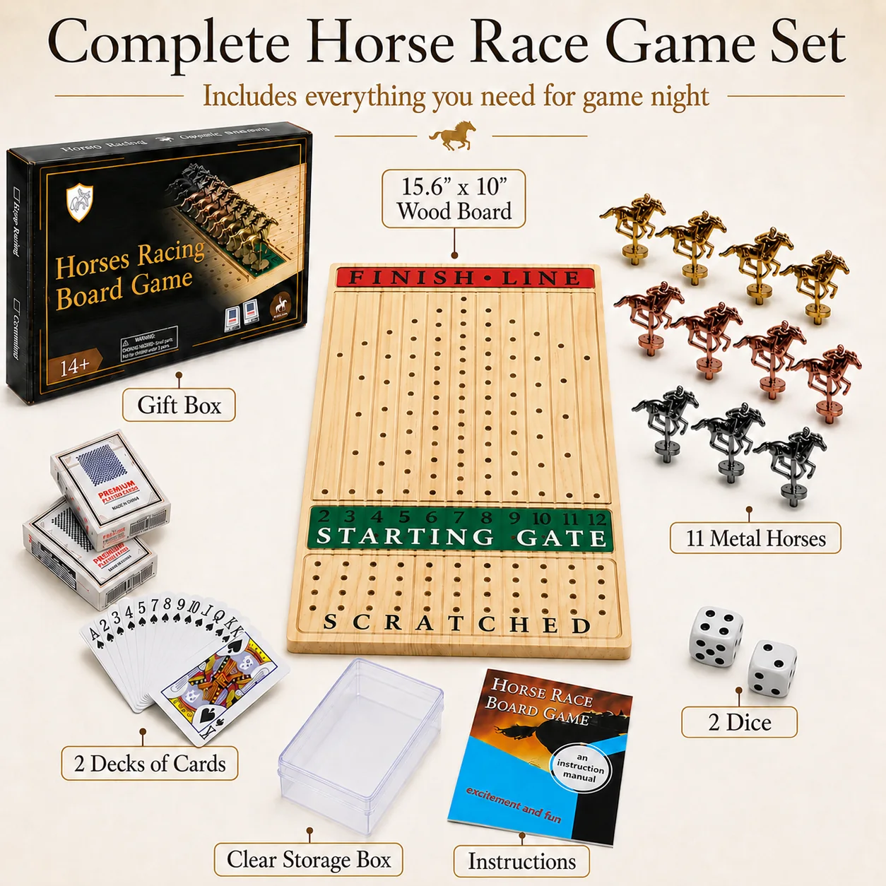 Natural wood horse race game included components
