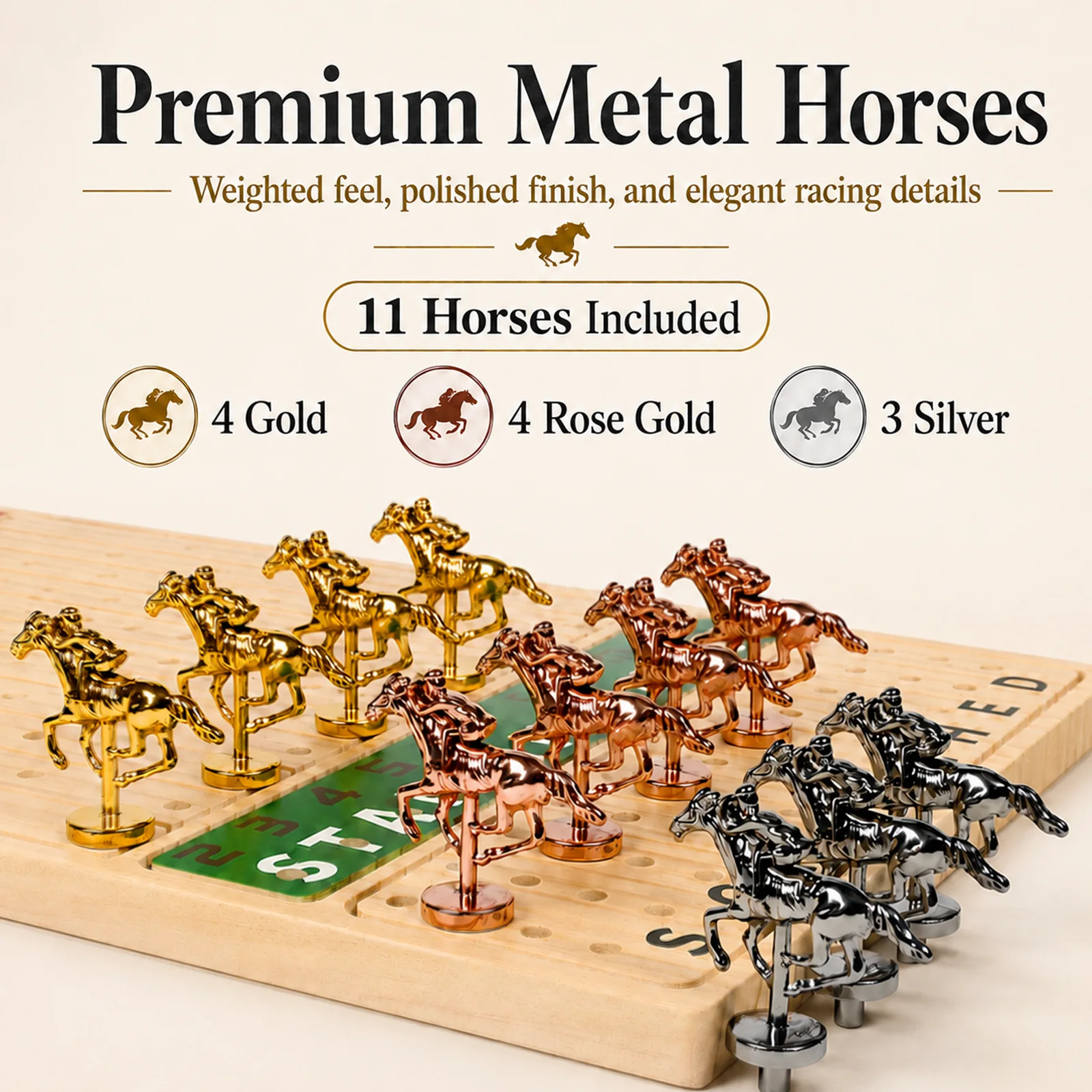 Gold, rose gold, and silver horse pieces