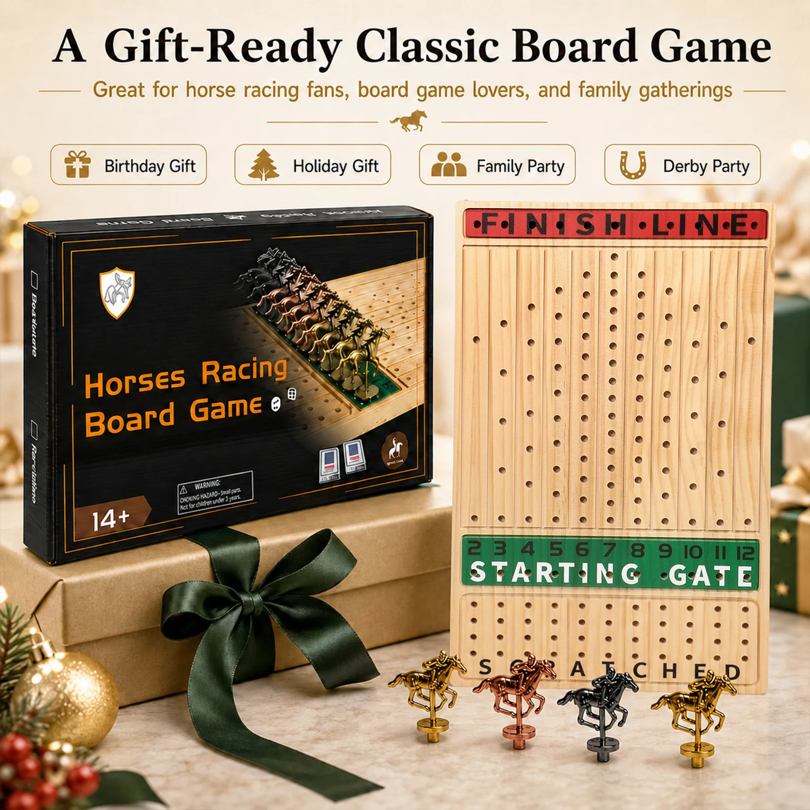 Gift-ready natural wood horse race board game