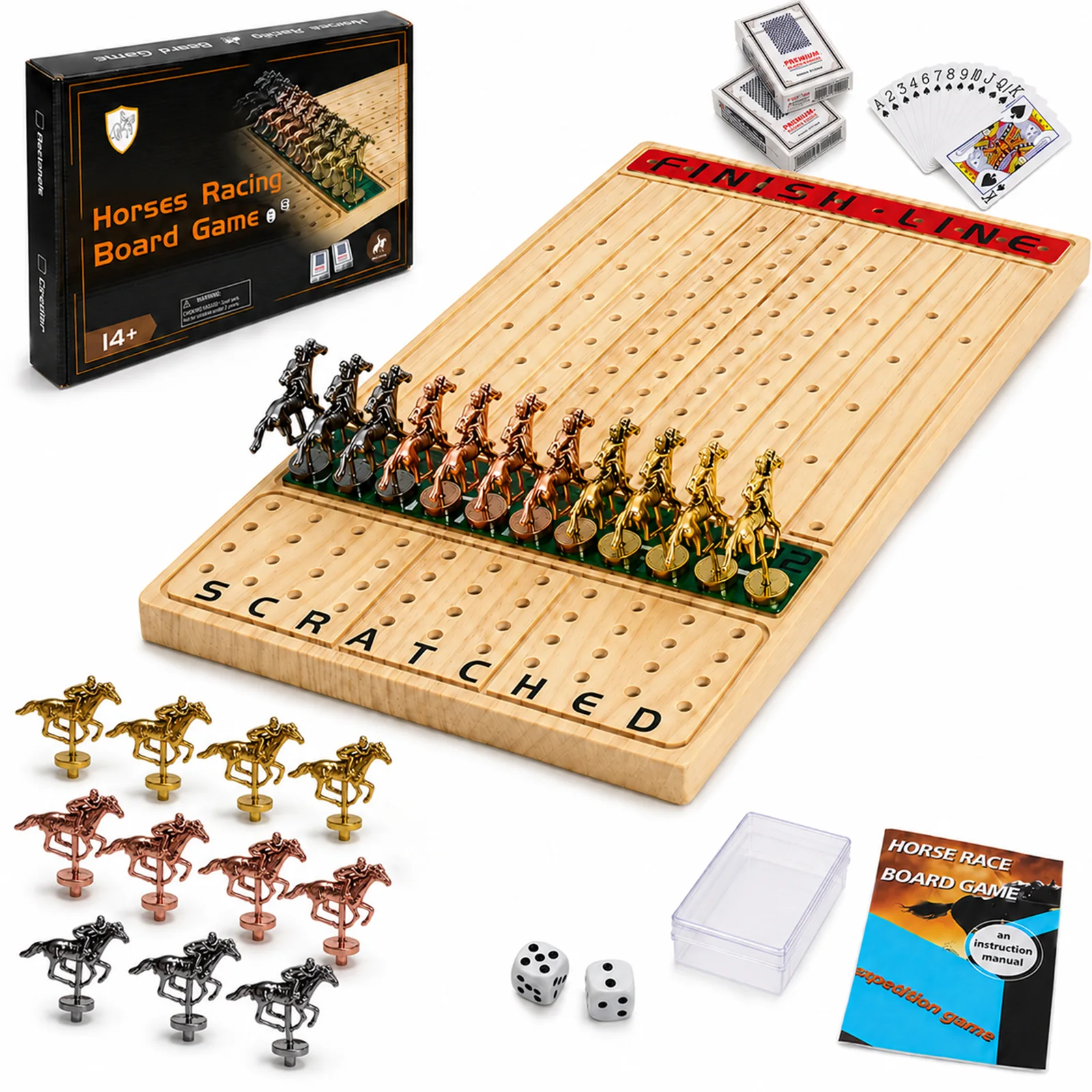 Natural wood horse race board game complete set