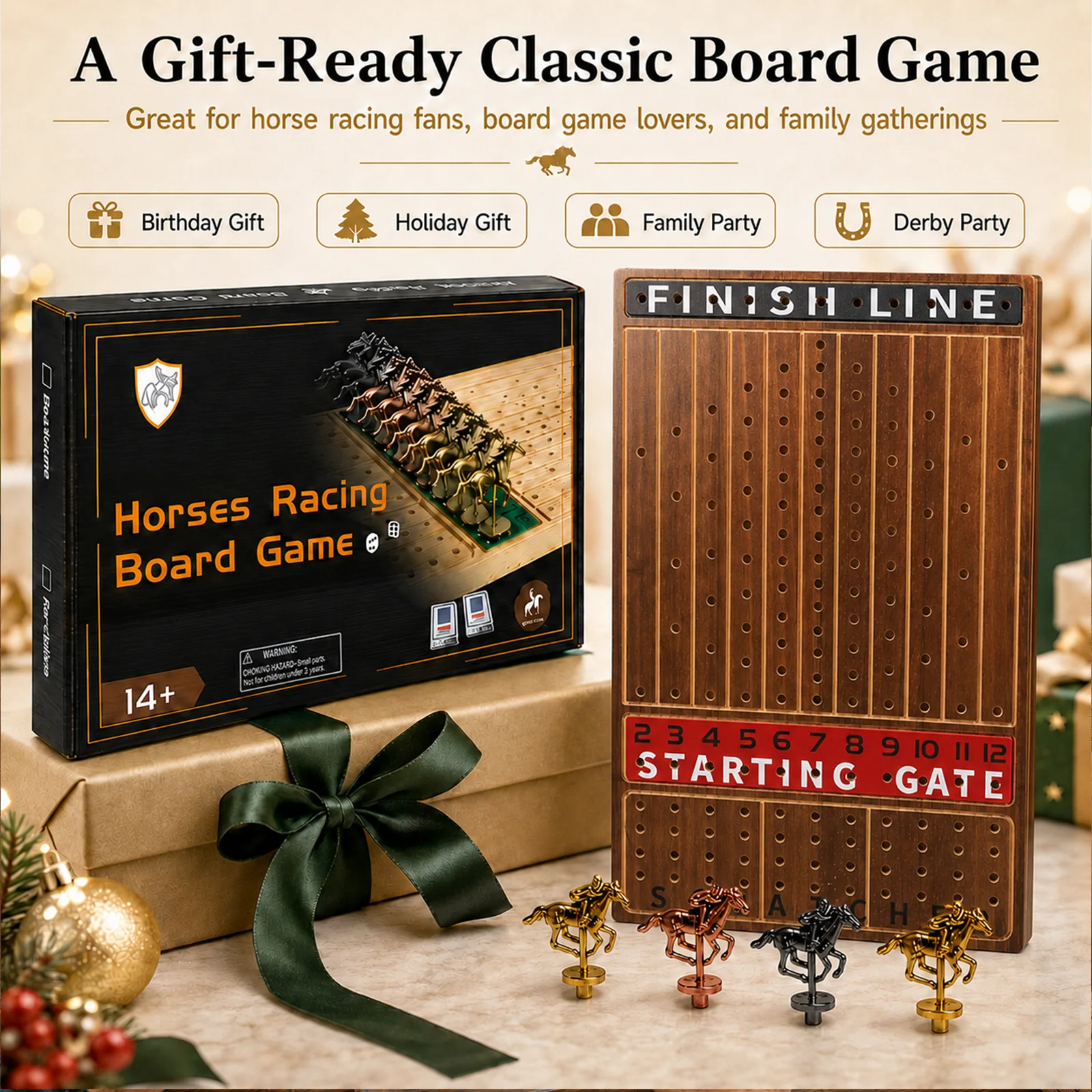 Gift-ready burnt wood horse race game
